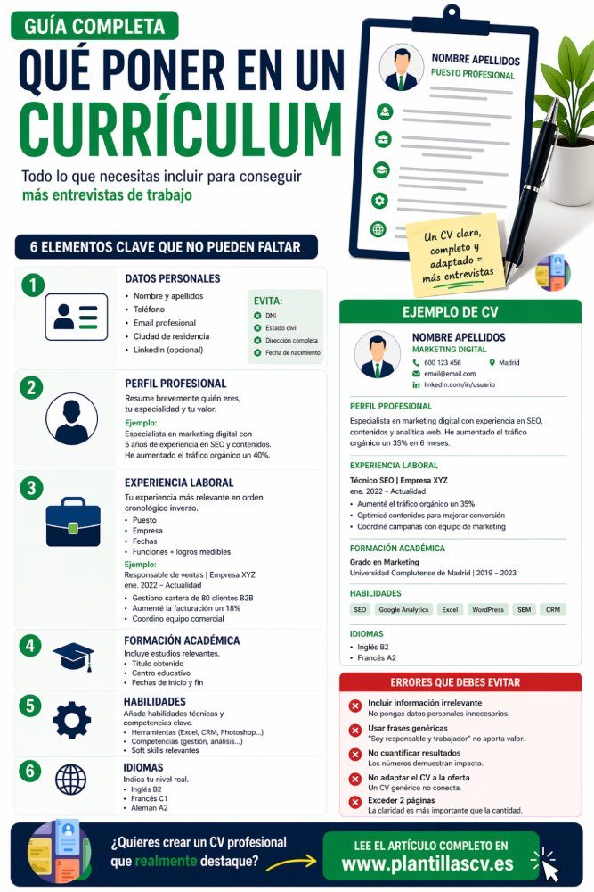 Qu&eacute; poner en un curr&iacute;culum: gu&iacute;a completa para hacerlo bien (con ejemplos)